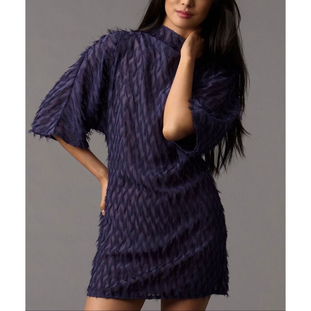 NWT By Anthropologie Short-Sleeve Fringe Dark Blue Mini Dress Women's XS
